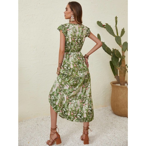 Floral short Sleeve midi Dress boho blue orange - Picture 4 of 4